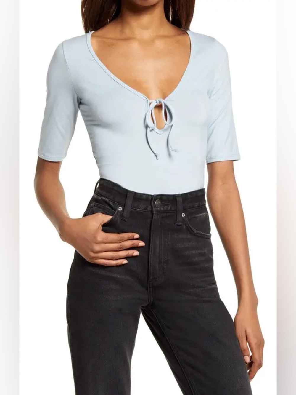 Reformation Delphi Tie Neck Bodysuit in Mineral size M